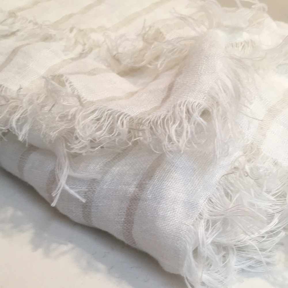 NWOT $148 Eileen Fisher striped organic linen scarf wheat & white fringed - Picture 4 of 7